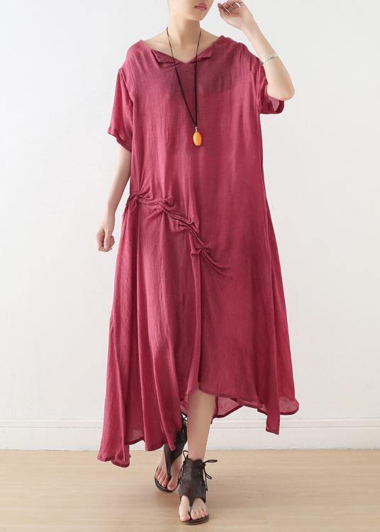 Loose red cotton tunic pattern Cinched Plus Size asymmetric Dresses - SooLinen