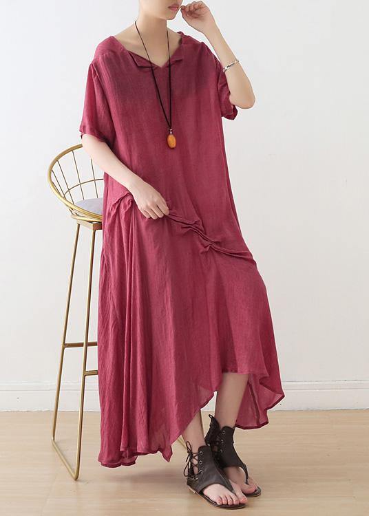 Loose red cotton tunic pattern Cinched Plus Size asymmetric Dresses - SooLinen