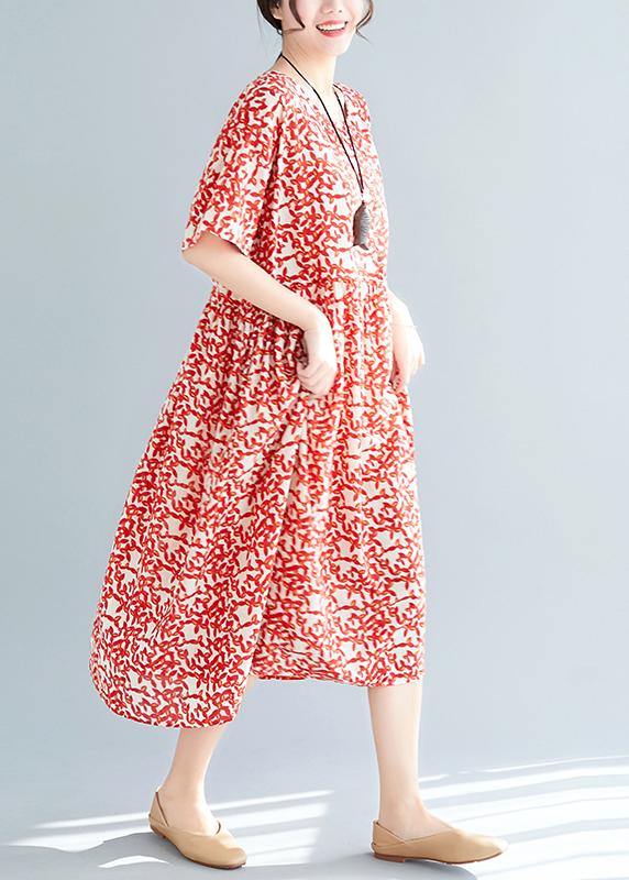 Loose red floral linen cotton Robes stylish Fabrics short sleeve Maxi summer Dresses - SooLinen