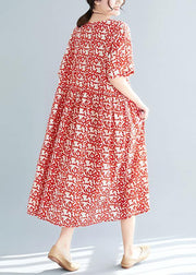 Loose red floral linen cotton Robes stylish Fabrics short sleeve Maxi summer Dresses - SooLinen