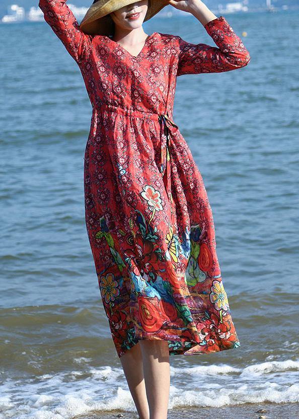 Loose red floral linen outfit drawstring long v neck Dresses - SooLinen