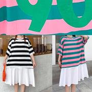 Loose red green striped dresses o neck Ruffles cotton summer Dress - SooLinen