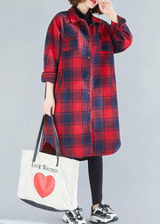 Loose red plaid cotton top silhouette lapel pockets Dresses blouses - SooLinen