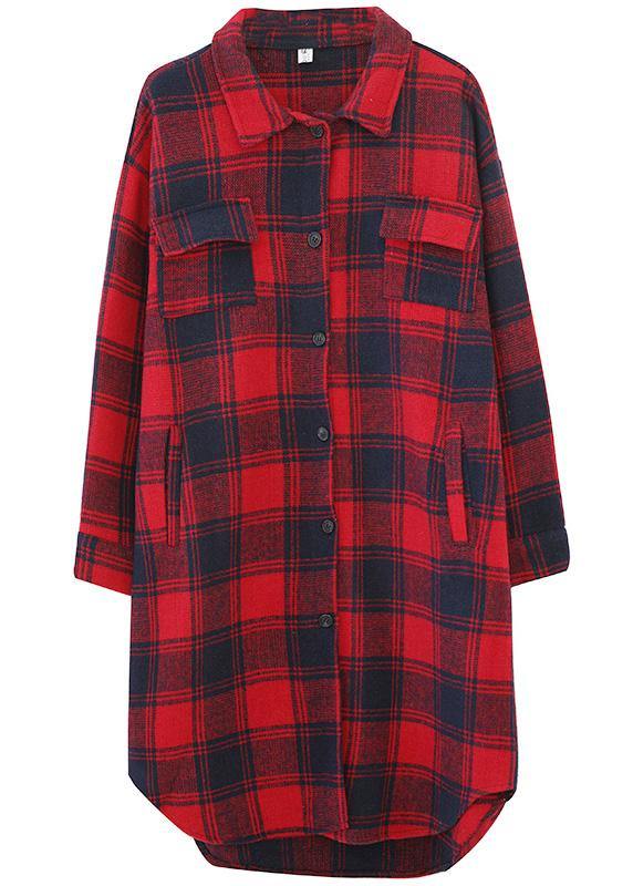 Loose red plaid cotton top silhouette lapel pockets Dresses blouses - SooLinen
