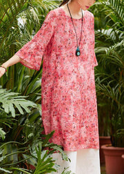 Loose red print linen clothes For Women o neck half sleeve patchwork loose summer Dresses - SooLinen