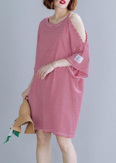 Loose red striped Cotton tunic top o neck side open shift Dresses - SooLinen