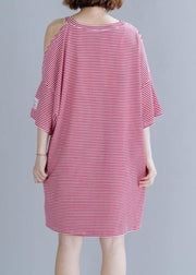 Loose red striped Cotton tunic top o neck side open shift Dresses - SooLinen