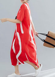 Loose red striped cotton Tunics o neck asymmetric Traveling summer Dress - SooLinen