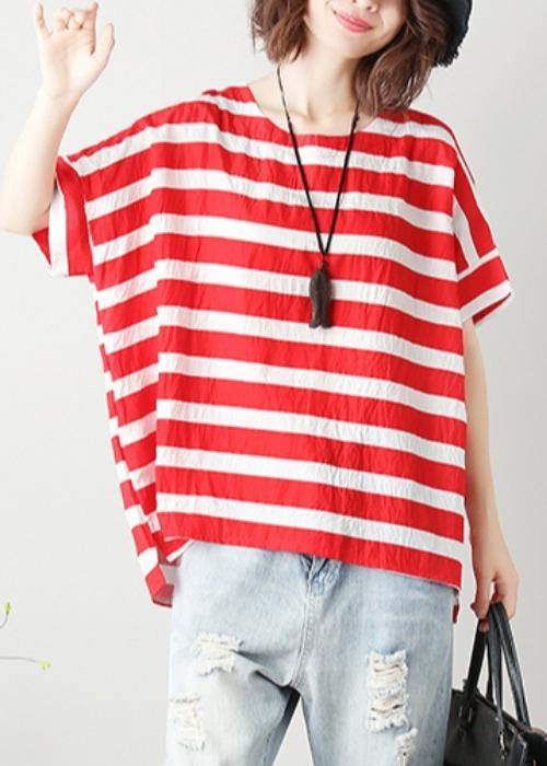 Loose red striped cotton clothes For Women o neck Batwing Sleeve silhouette blouses - SooLinen