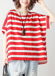 Loose red striped cotton clothes For Women o neck Batwing Sleeve silhouette blouses - SooLinen