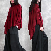 Loose red tops asymmetric hem oversized high neck blouse - SooLinen