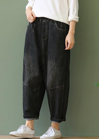 Loose retro washed white casual stitching denim cropped pants - SooLinen