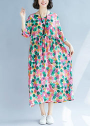 Loose rose dotted prints cotton linen Wardrobes short sleeve Kaftan summer Dress - SooLinen