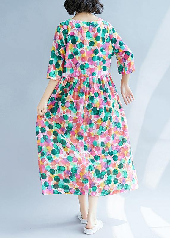 Loose rose dotted prints cotton linen Wardrobes short sleeve Kaftan summer Dress - SooLinen