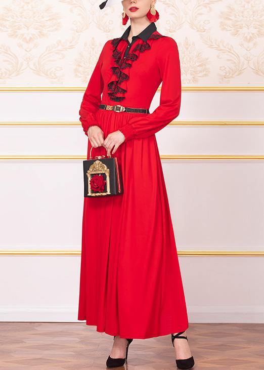 Loose ruffles cotton POLO collar dresses Wardrobes red Robe Dress - SooLinen