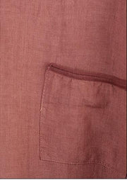 Loose side open linen tunic pattern Shape brown shirts v neck - SooLinen