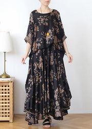 Loose silk satin wind dress black coffee color printing fashion fake two-piece goddess Fan big swing skirt - SooLinen