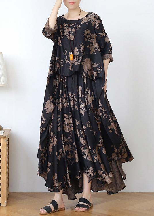 Loose silk satin wind dress black coffee color printing fashion fake two-piece goddess Fan big swing skirt - SooLinen