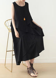 Loose sleeveless chiffon Long Shirts Catwalk black asymmetric hem Art Dress summer - SooLinen