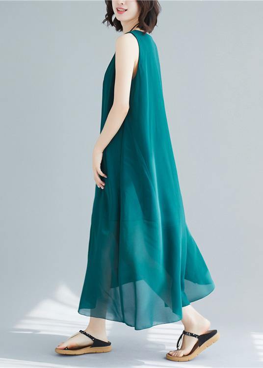 Loose sleeveless cotton outfit pattern blackish green long Dress summer - SooLinen