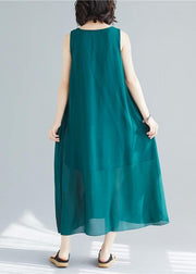 Loose sleeveless cotton outfit pattern blackish green long Dress summer - SooLinen
