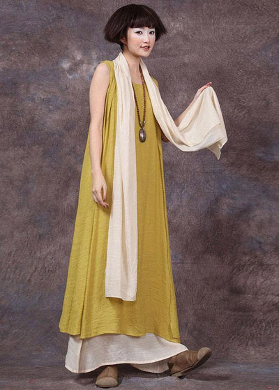 Loose sleeveless linen clothes For Women Sewing yellow Dresses summer - SooLinen