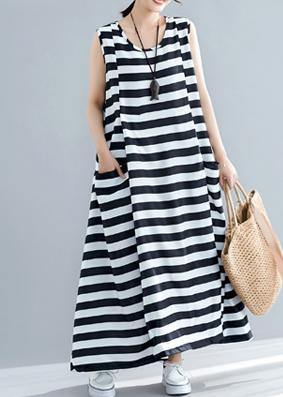 Loose sleeveless o neck black striped cotton robes Dress summer - SooLinen