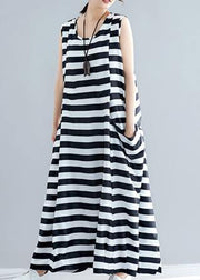 Loose sleeveless o neck black striped cotton robes Dress summer - SooLinen