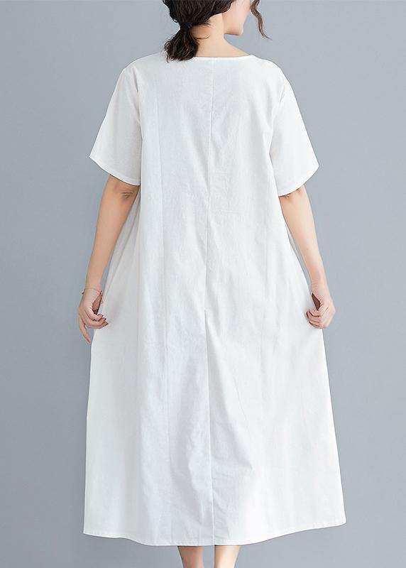 Loose solid color cotton clothes Tutorials white Art Dress summer - SooLinen