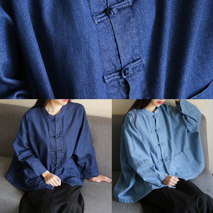 Loose stand collar Chinese Button clothes For Women Sleeve denim light blue shirts - SooLinen