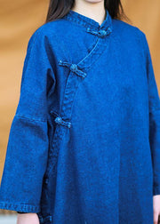 Loose stand collar Tunic Photography denim light blue Dress - SooLinen
