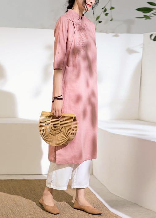 Loose stand collar linen side open dress Inspiration pink Dress - SooLinen