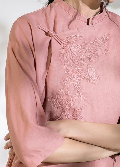 Loose stand collar linen side open dress Inspiration pink Dress - SooLinen