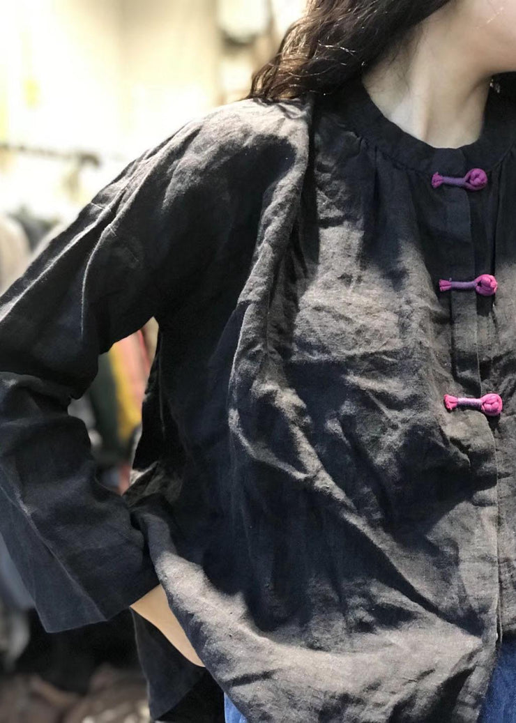 Loose stand collar linen top silhouette design black shirts fall - SooLinen