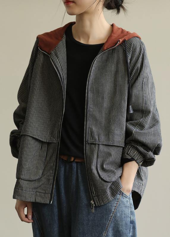 Loose striped fine trench coat Photography hooded patchwork  women coats - SooLinen