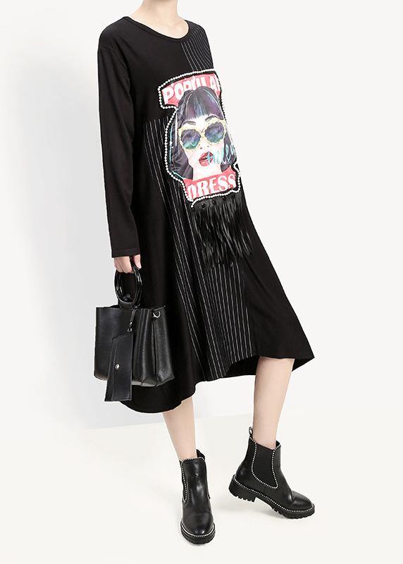 Loose tassel cotton patchwork quilting clothes pattern black prints A Line Dresses - SooLinen