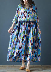 Loose v neck drawstring cotton summer dresses Sleeve plaid Maxi Dresses - SooLinen