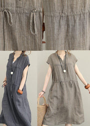 Loose v neck drawstring linen summer Robes Neckline kahki striped Dresses - SooLinen