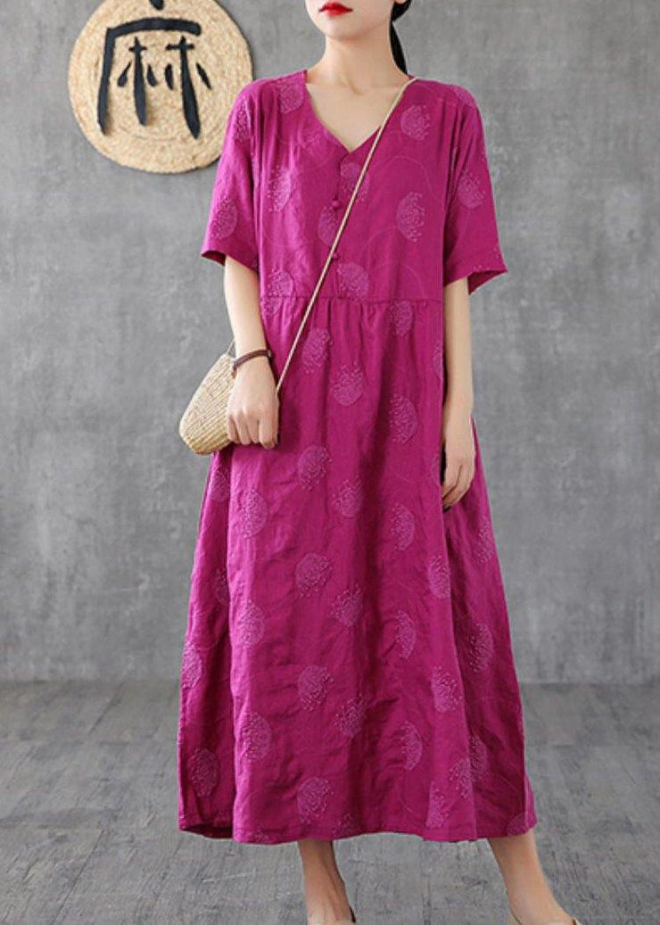 Loose v neck embroidery linen clothes For Women Sleeve rose Dresses - SooLinen