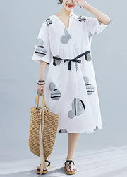 Loose v neck half sleeve linen Tunics Neckline white dotted Dress summer - SooLinen