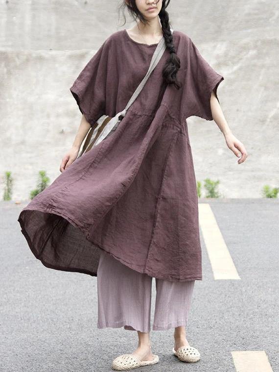 Loose v neck patchwork cotton linen clothes For Women Tutorials chocolate Dresses - SooLinen