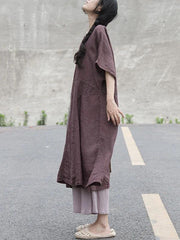 Loose v neck patchwork cotton linen clothes For Women Tutorials chocolate Dresses - SooLinen