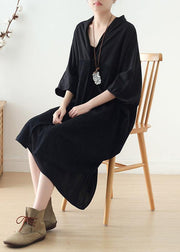 Loose v neck patchwork linen clothes Photography black Dress fall - SooLinen