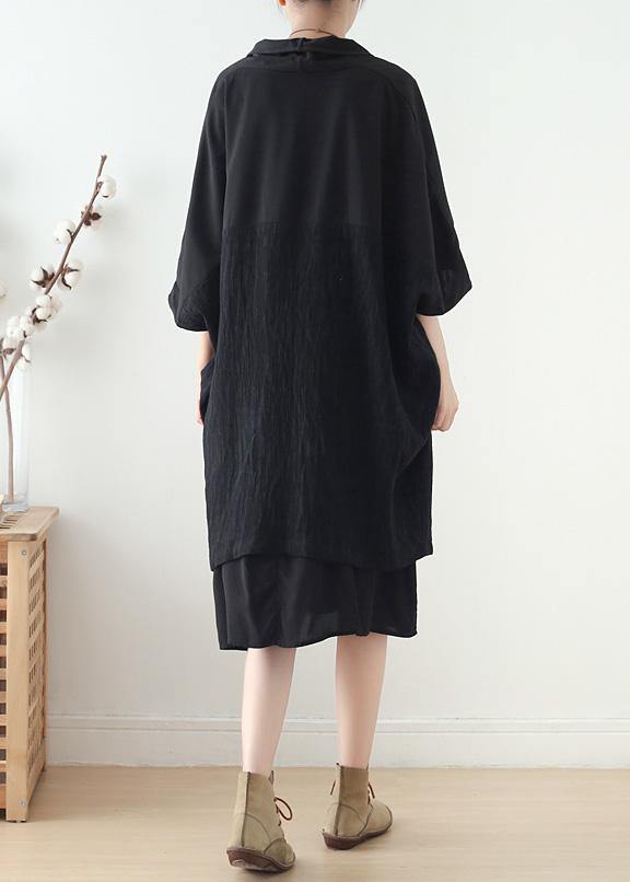 Loose v neck patchwork linen clothes Photography black Dress fall - SooLinen