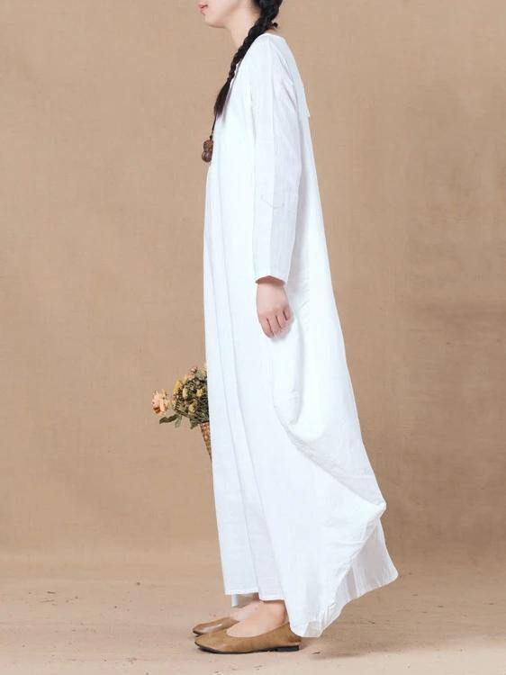 Loose white cotton linen dress o neck asymmetric A Line spring Dresses - SooLinen