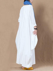 Loose white cotton linen dress o neck asymmetric A Line spring Dresses - SooLinen