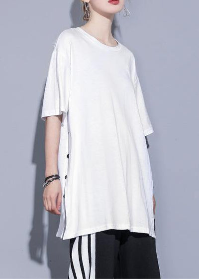 Loose white cotton shirts o neck side open Art summer top - SooLinen