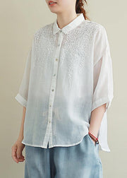 Loose white embroidery linen tops women blouses lapel half sleeve oversized top - SooLinen