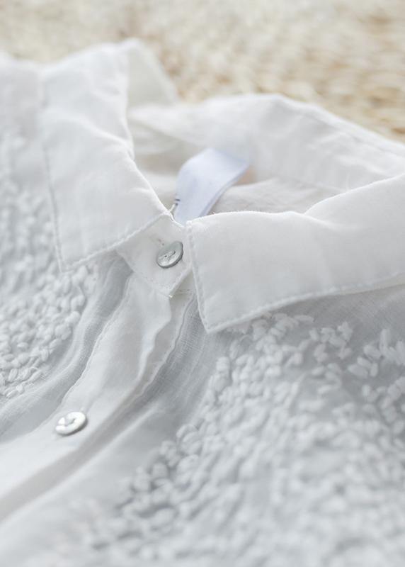 Loose white embroidery linen tops women blouses lapel half sleeve oversized top - SooLinen