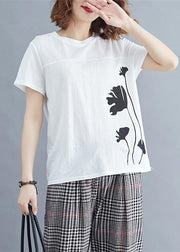 Loose white print cotton for women o neck daily summer tops - SooLinen